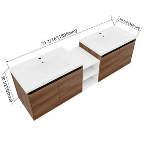 English Elm 72 Inch Wall Hung Bathroom Vanity Natural Wood Grain Resin Sink Soft Close Storage Brown Ebony/Glossy White W1972S00056