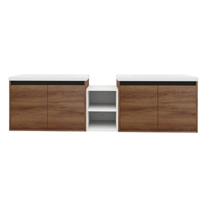 English Elm 72 Inch Wall Hung Bathroom Vanity Natural Wood Grain Resin Sink Soft Close Storage Brown Ebony/Glossy White W1972S00056