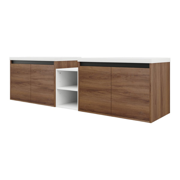 English Elm 72 Inch Wall Hung Bathroom Vanity Natural Wood Grain Resin Sink Soft Close Storage Brown Ebony/Glossy White W1972S00056