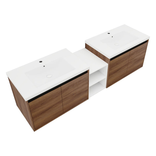 English Elm 72 Inch Wall Hung Bathroom Vanity Natural Wood Grain Resin Sink Soft Close Storage Brown Ebony/Glossy White W1972S00056