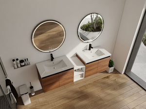 English Elm 72 Inch Wall Hung Bathroom Vanity Natural Wood Grain Resin Sink Soft Close Storage Brown Ebony/Glossy White W1972S00056