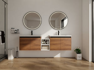 English Elm 72 Inch Wall Hung Bathroom Vanity Natural Wood Grain Resin Sink Soft Close Storage Brown Ebony/Glossy White W1972S00056