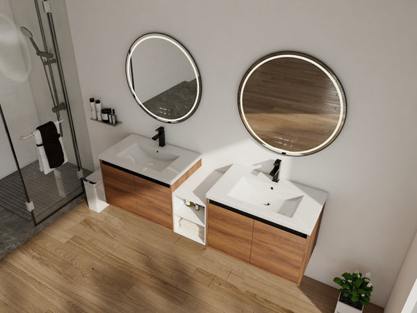 English Elm 72 Inch Wall Hung Bathroom Vanity Natural Wood Grain Resin Sink Soft Close Storage Brown Ebony/Glossy White W1972S00056