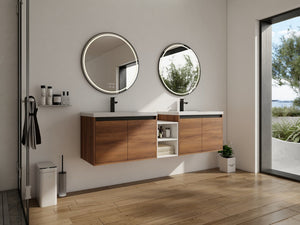 English Elm 72 Inch Wall Hung Bathroom Vanity Natural Wood Grain Resin Sink Soft Close Storage Brown Ebony/Glossy White W1972S00056