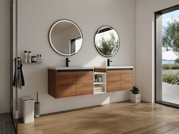 English Elm 72 Inch Wall Hung Bathroom Vanity Natural Wood Grain Resin Sink Soft Close Storage Brown Ebony/Glossy White W1972S00056