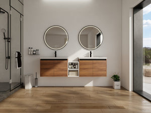 English Elm 72 Inch Wall Hung Bathroom Vanity Natural Wood Grain Resin Sink Soft Close Storage Brown Ebony/Glossy White W1972S00056