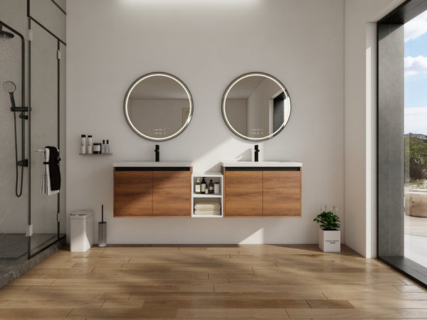 English Elm 72 Inch Wall Hung Bathroom Vanity Natural Wood Grain Resin Sink Soft Close Storage Brown Ebony/Glossy White W1972S00056