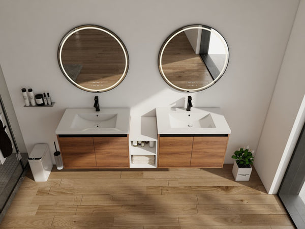 English Elm 72 Inch Wall Hung Bathroom Vanity Natural Wood Grain Resin Sink Soft Close Storage Brown Ebony/Glossy White W1972S00056