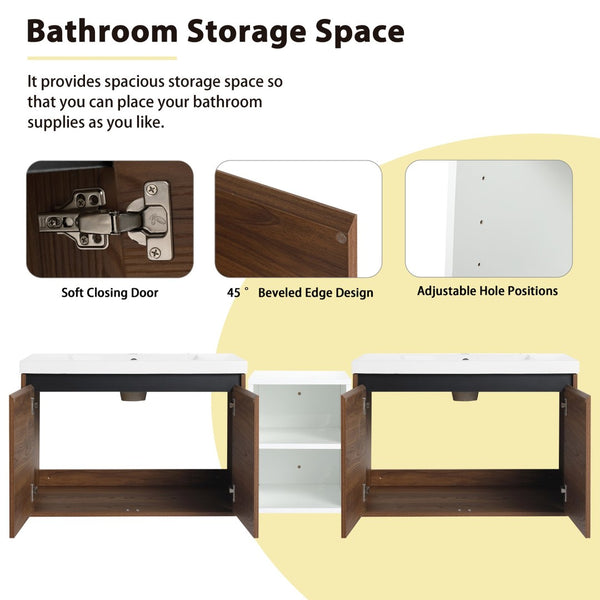English Elm 72 Inch Wall Hung Bathroom Vanity Natural Wood Grain Resin Sink Soft Close Storage Brown Ebony/Glossy White W1972S00056