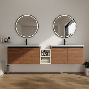 English Elm 84 Inch Wall Mounted Vanity with Resin Sink Natural Wood Grain Soft Close Doors Brown Ebony/Glossy White W1972S00057