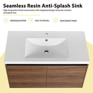 English Elm 84 Inch Wall Mounted Vanity with Resin Sink Natural Wood Grain Soft Close Doors Brown Ebony/Glossy White W1972S00057
