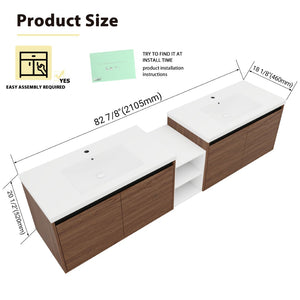English Elm 84 Inch Wall Mounted Vanity with Resin Sink Natural Wood Grain Soft Close Doors Brown Ebony/Glossy White W1972S00057