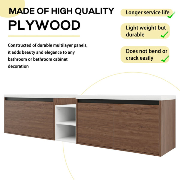 English Elm 84 Inch Wall Mounted Vanity with Resin Sink Natural Wood Grain Soft Close Doors Brown Ebony/Glossy White W1972S00057