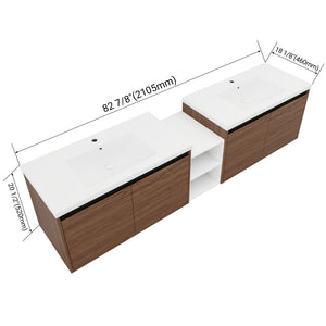 English Elm 84 Inch Wall Mounted Vanity with Resin Sink Natural Wood Grain Soft Close Doors Brown Ebony/Glossy White W1972S00057