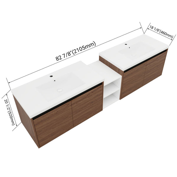 English Elm 84 Inch Wall Mounted Vanity with Resin Sink Natural Wood Grain Soft Close Doors Brown Ebony/Glossy White W1972S00057