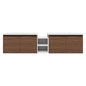 English Elm 84 Inch Wall Mounted Vanity with Resin Sink Natural Wood Grain Soft Close Doors Brown Ebony/Glossy White W1972S00057