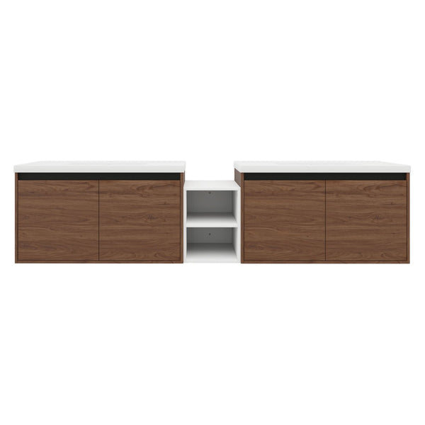 English Elm 84 Inch Wall Mounted Vanity with Resin Sink Natural Wood Grain Soft Close Doors Brown Ebony/Glossy White W1972S00057