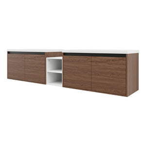 English Elm 84 Inch Wall Mounted Vanity with Resin Sink Natural Wood Grain Soft Close Doors Brown Ebony/Glossy White W1972S00057