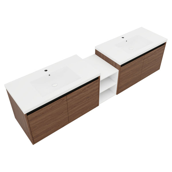 English Elm 84 Inch Wall Mounted Vanity with Resin Sink Natural Wood Grain Soft Close Doors Brown Ebony/Glossy White W1972S00057