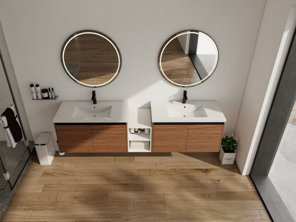 English Elm 84 Inch Wall Mounted Vanity with Resin Sink Natural Wood Grain Soft Close Doors Brown Ebony/Glossy White W1972S00057