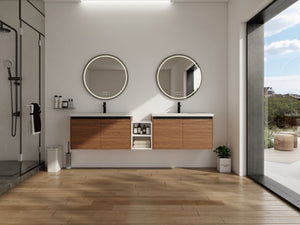English Elm 84 Inch Wall Mounted Vanity with Resin Sink Natural Wood Grain Soft Close Doors Brown Ebony/Glossy White W1972S00057