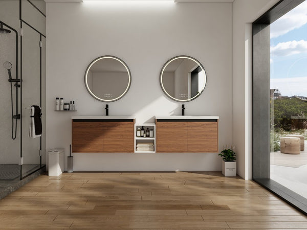 English Elm 84 Inch Wall Mounted Vanity with Resin Sink Natural Wood Grain Soft Close Doors Brown Ebony/Glossy White W1972S00057