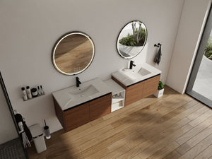 English Elm 84 Inch Wall Mounted Vanity with Resin Sink Natural Wood Grain Soft Close Doors Brown Ebony/Glossy White W1972S00057