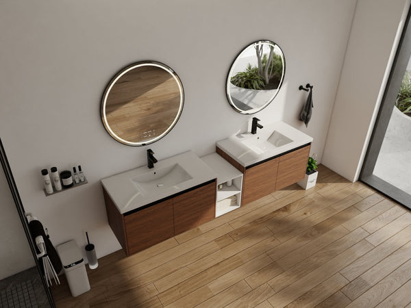 English Elm 84 Inch Wall Mounted Vanity with Resin Sink Natural Wood Grain Soft Close Doors Brown Ebony/Glossy White W1972S00057