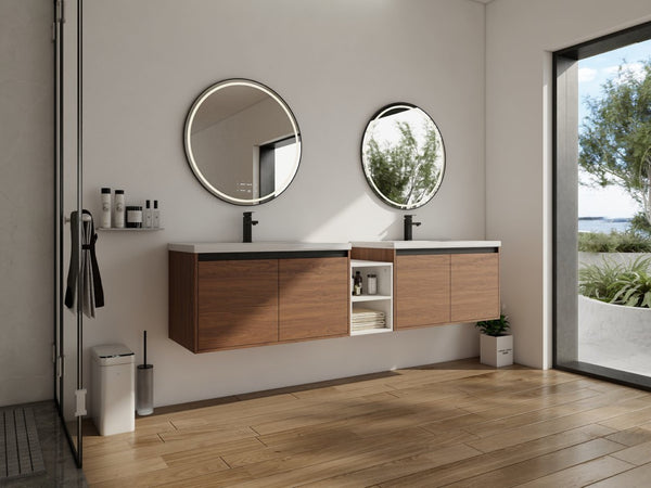 English Elm 84 Inch Wall Mounted Vanity with Resin Sink Natural Wood Grain Soft Close Doors Brown Ebony/Glossy White W1972S00057