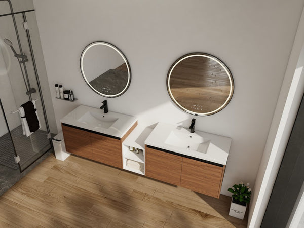 English Elm 84 Inch Wall Mounted Vanity with Resin Sink Natural Wood Grain Soft Close Doors Brown Ebony/Glossy White W1972S00057