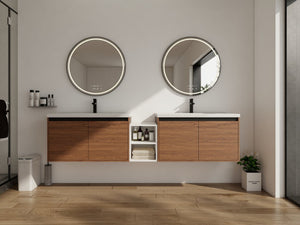 English Elm 84 Inch Wall Mounted Vanity with Resin Sink Natural Wood Grain Soft Close Doors Brown Ebony/Glossy White W1972S00057
