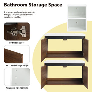 English Elm 84 Inch Wall Mounted Vanity with Resin Sink Natural Wood Grain Soft Close Doors Brown Ebony/Glossy White W1972S00057