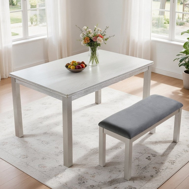 English Elm 58.5 Inch Rectangular Farmhouse Dining Set with Beaded Wood Table and Upholstered Bench W1998P266889
