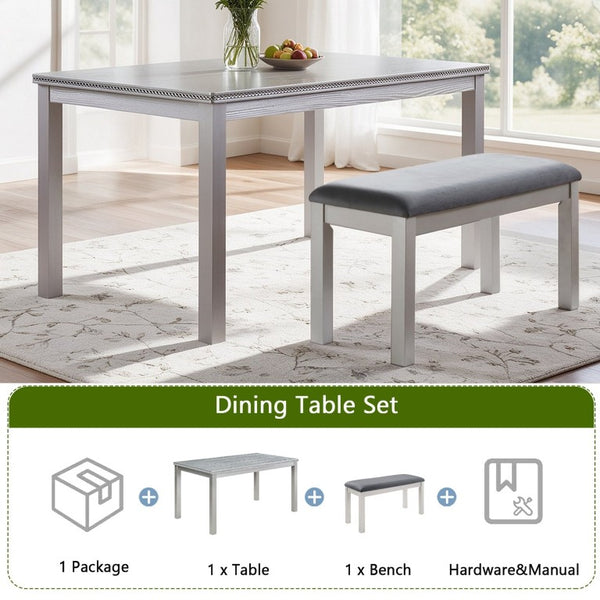 English Elm 58.5 Inch Rectangular Farmhouse Dining Set with Beaded Wood Table and Upholstered Bench W1998P266889