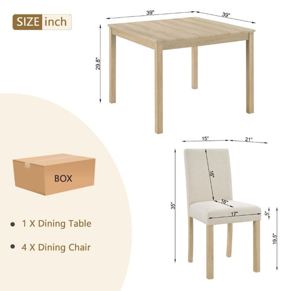 English Elm 5-Piece Square Dining Set with Upholstered Chairs Light Oak Wood Grain Compact Kitchen W1998P418951