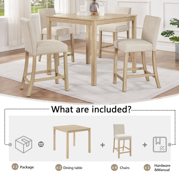 English Elm 5-piece Counter Height Dining Set Rubberwood Chairs Upholstered Linen Kitchen Table W1998P418965