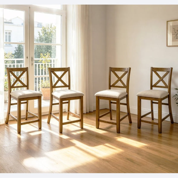 English Elm Dining Chairs Set of 4 Rubberwood X-Back Counter Height with Cushioned Oak Seats W1998P476921