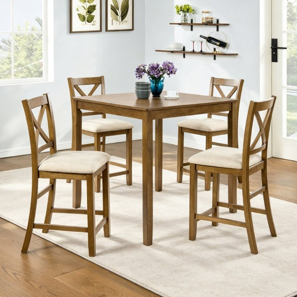 English Elm Dining Chairs Set of 4 Rubberwood X-Back Counter Height with Cushioned Oak Seats W1998P476921