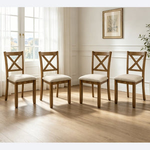 English Elm Dining Chairs Set of 4 X-Back Rubberwood with Linen Cushions in Oak Finish W1998P485004