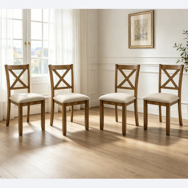 English Elm Dining Chairs Set of 4 X-Back Rubberwood with Linen Cushions in Oak Finish W1998P485004