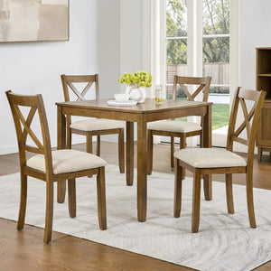English Elm Dining Chairs Set of 4 X-Back Rubberwood with Linen Cushions in Oak Finish W1998P485004
