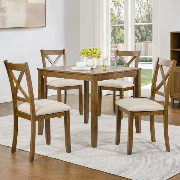English Elm Dining Chairs Set of 4 X-Back Rubberwood with Linen Cushions in Oak Finish W1998P485004