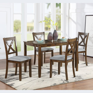 English Elm Wooden 5 Piece Walnut Dining Set with X Back Linen Chairs for Compact Kitchens W1998S00016