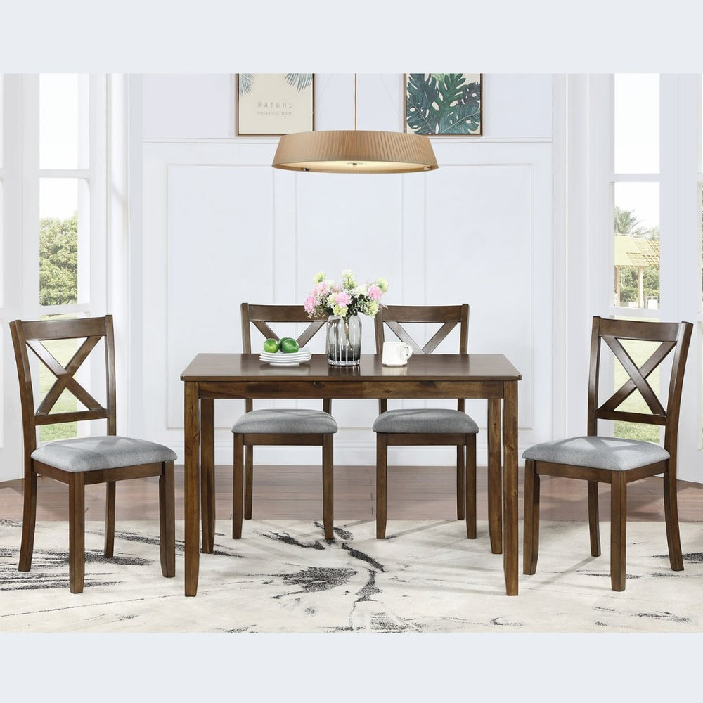 English Elm Wooden 5 Piece Walnut Dining Set with X Back Linen Chairs for Compact Kitchens W1998S00016