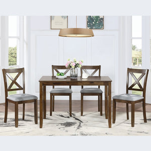 English Elm Wooden 5 Piece Walnut Dining Set with X Back Linen Chairs for Compact Kitchens W1998S00016