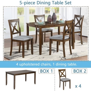 English Elm Wooden 5 Piece Walnut Dining Set with X Back Linen Chairs for Compact Kitchens W1998S00016