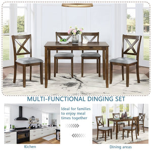 English Elm Wooden 5 Piece Walnut Dining Set with X Back Linen Chairs for Compact Kitchens W1998S00016