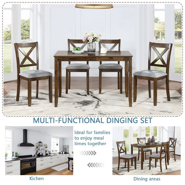English Elm Wooden 5 Piece Walnut Dining Set with X Back Linen Chairs for Compact Kitchens W1998S00016