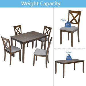 English Elm Wooden 5 Piece Walnut Dining Set with X Back Linen Chairs for Compact Kitchens W1998S00016