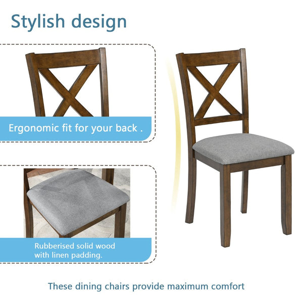 English Elm Wooden 5 Piece Walnut Dining Set with X Back Linen Chairs for Compact Kitchens W1998S00016
